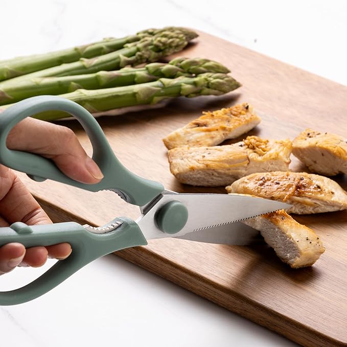 Rae Dunn Kitchen Scissors- Stainless Steel Kitchen Shears, Cooking Scissors for Cutting Meat, Chicken, Herbs and Produce with Blade Cover and Soft Grip Handles (Sage)