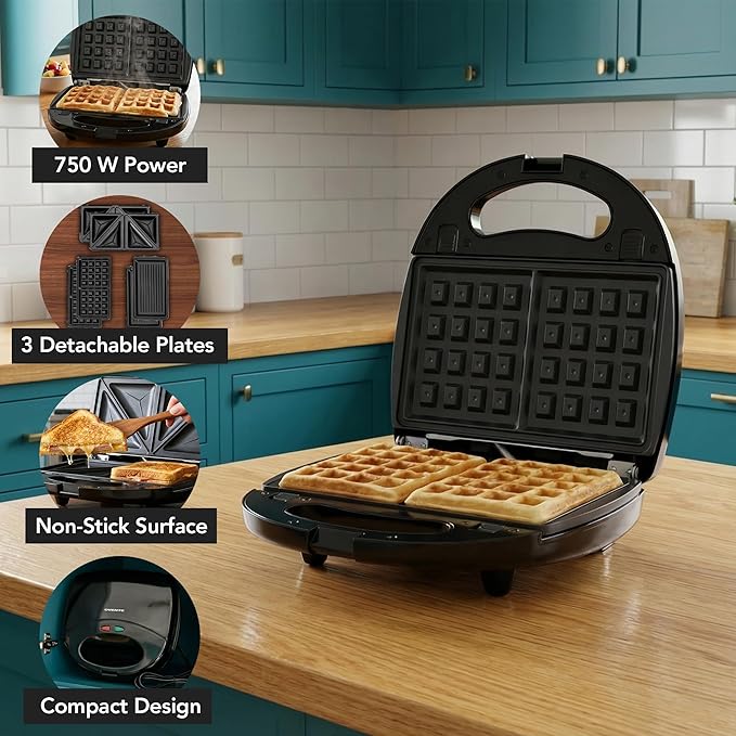 OVENTE Electric Sandwich, Panini and Waffle Maker Set with 3 Removable Non-Stick Plates, 750 Watts, Perfect for Grilled Cheese, Tuna Melts, Burgers, Steaks and Snacks, Black GPI202B