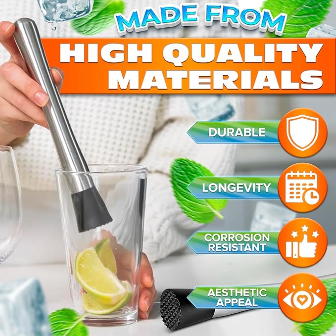 2 Pcs Bar Muddler for Cocktails - 8" Stainless Steel Muddler for Lemonade with Glass-Safe Grooved Nylon Head, Dishwasher Safe - Lemonade Stand Supplies for Mojitos, Citrus, Mint, Herb & Fruit Mixing