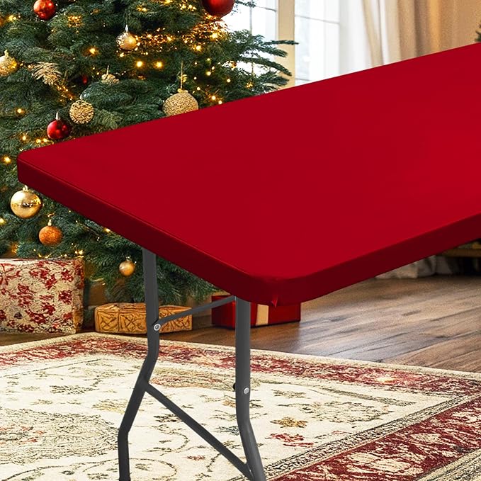 homing Rectangle Table Cloth Cover, Waterproof Polyester Elastic Fitted Tablecloth, Fits for 6 Foot Folding Tables, Washable Table Protector for Christmas, Holiday, Party (Red, 30" x 72")