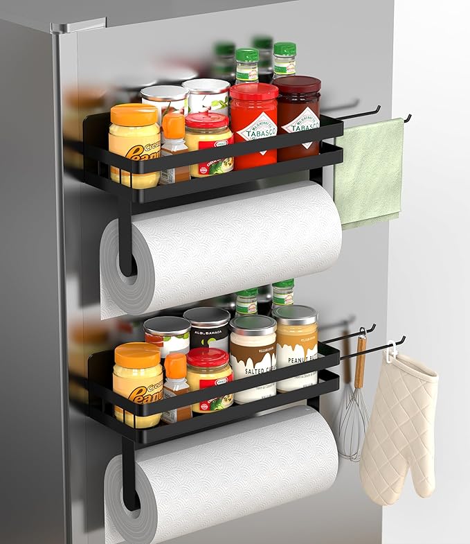 ZUNTO 2pcs Magnetic Paper Towel Holder for Fridge, Black Kitchen Organizer with Towel Roll Holder, Spice Shelf and 2 Hanging Racks(No Drilling)