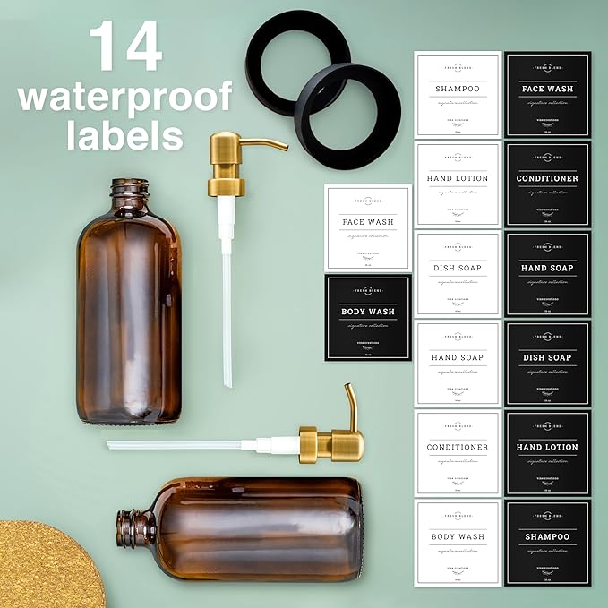 Vine Creations Amber Glass Soap Dispenser, 2 Pack Kitchen Soap Dispenser Set with Stainless Steel Pump, 16 oz Dish Soap and Hand Soap Dispensers for Bathroom with Waterproof Labels