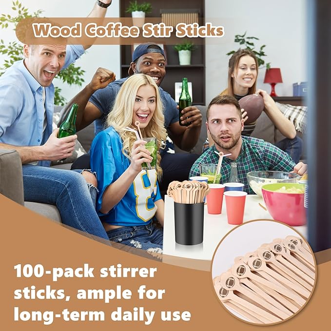 100 Pcs Football Coffee Stirrers with Holder 6 Inch Football Swizzle Sticks Wood Drink Stirrers Sports Black Stir Stick Holder Round End Cocktail Stirrers for Football Theme Party Favors Decoration