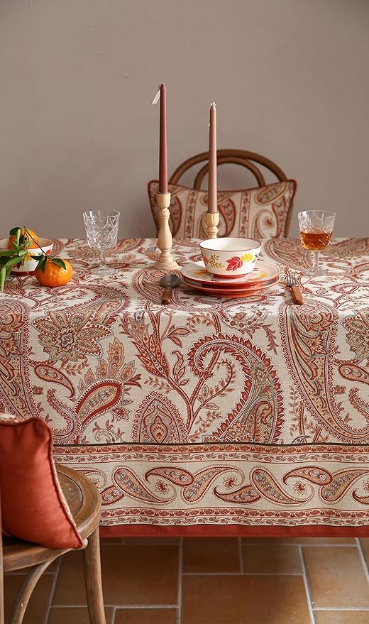 ISAENNE Designer French Red Long Rectangle Tablecloth,Linen Table Cloth with Cashew Pattern,Stain Proof Decor Tablecloths for Dining Thanksgiving Kitchen Christmas,63"*102"-Chauffrey D
