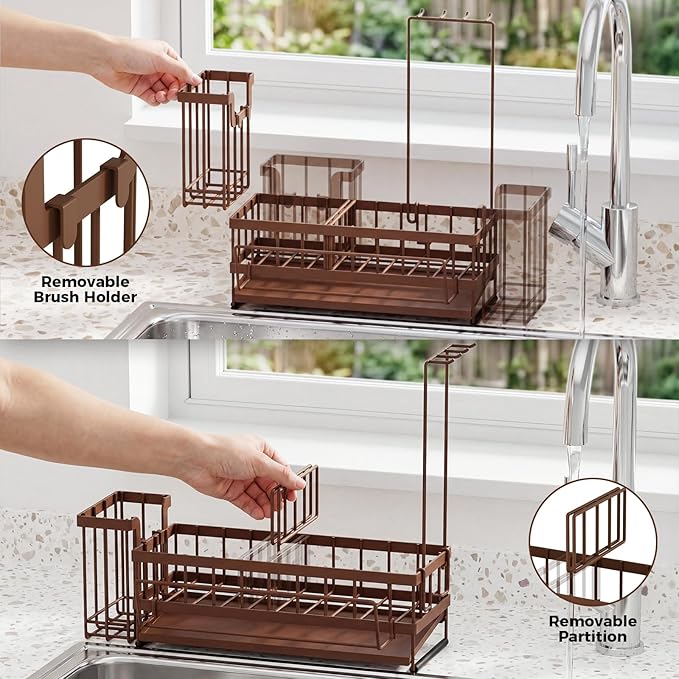 Sponge Holder for Kitchen Sink – Rustproof Stainless Steel with Detachable Drainboard, Brush Rack & Towel Bar | Compact, Non-Slip Design for Countertop Bathroom