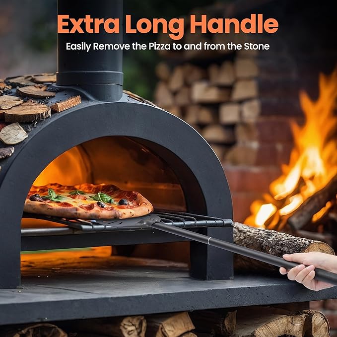 6” Pizza Turning Peel - Extra Long Handle Pizza Turner - Restaurant-Grade Aluminum Perforated Pizza Peel Lightweight Metal Outdoor Pizza Oven Accessories