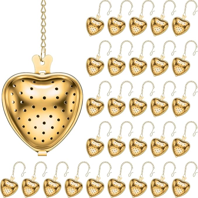 Sumind 50 Pcs Stainless Steel Tea Strainer Ball Infuser Loose Leaf Steeper Interval Diffuser Heart Shape Mesh Filters with Extended Chain Hook for tea party Seasonings Cup Bottle(Gold)