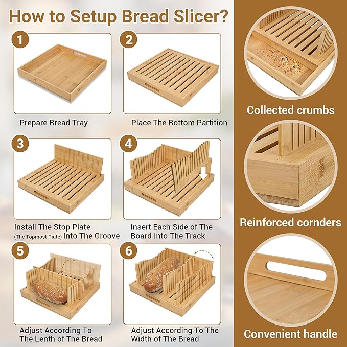 Bamboo Bread Slicer with Crumb Tray, 10.5″ Adjustable Bread Cutter & Bread Slicer Guide for Homemade Bread, Sourdough, Baguette & Sandwich – Foldable Kitchen Tool for Home Bakers