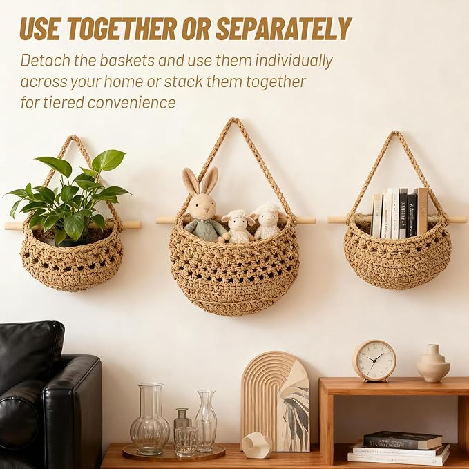 Hanging Fruit Basket, 3 Tier Cotton Woven Wall Basket, Detachable Wall Hanging Baskets for Kitchen Bathroom Storage, Plants Holder, Vegetable Onion Organizing, Boho Decor Aesthetic