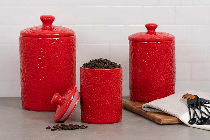 10 Strawberry Street Kitchen Canister Set, Fleur Red, 3 count (Pack of 1)