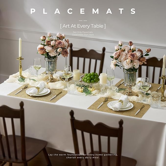 Leetaltree Gold Placemats Set of 4 - Heat Resistant Non-Slip Place mats for Dining Table, Washable Durable PVC Vinyl Woven Table Mats(Luxury Gold, 4)