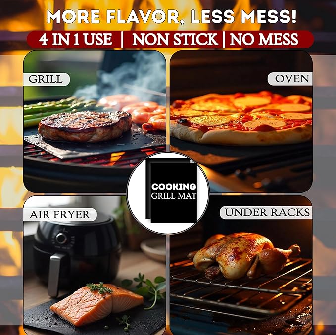 Grill Mat Set – 60"x40" Under Grill Mat for Outdoor Grill + 2 BBQ Cooking Mats, Heat-Resistant Silicone, Includes Stakes & Bag – Use on All Surfaces