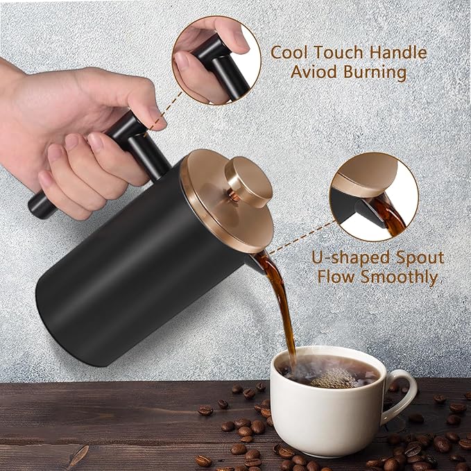 Black Large French Press Coffee Maker 50oz, Double Wall Insulated French Press Stainless Steel,for Coffee&Tea,with 3 Extra Screens and a Coffee Spoon, 50oz/1500ml, Gold