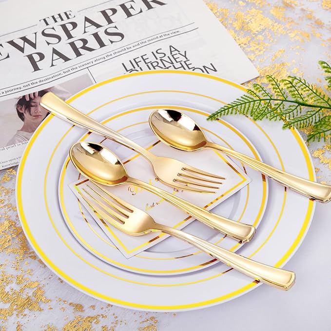 bUCLA 600PCS Gold Plastic Spoons and Forks Set - Plastic Forks and Spoons Disposable - Heavy Duty Gold Silverware Set Party Supplies Include 300 Forks and 300 Spoons for Party&Wedding