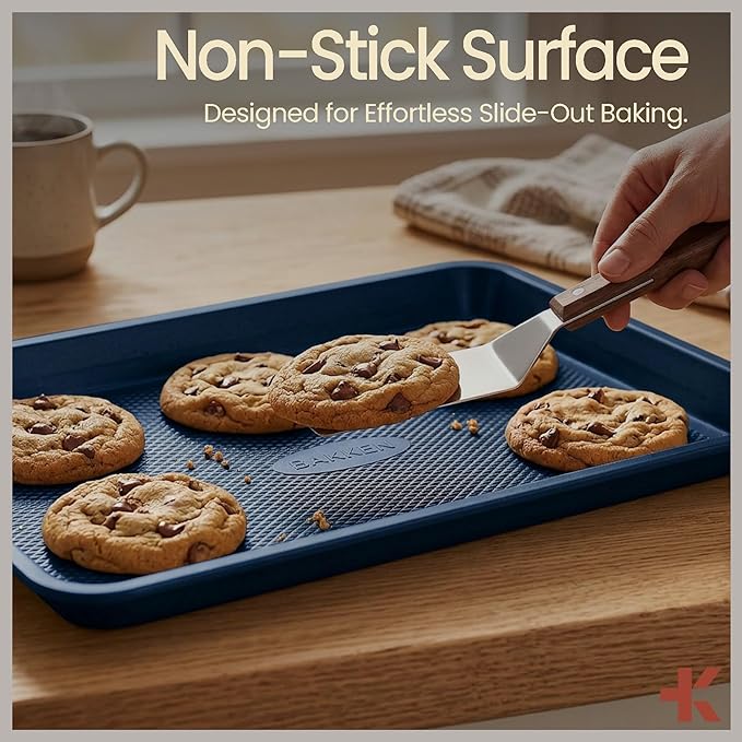 BAKKEN Kitchen Baking Pan - Small, Medium, and Large Cookie Sheet (13.58×9.65, 15.75×11, 17.91×12.60), Nonstick, Diamond Texture Bottom, PFOA, PFOS, PTFE Free, Oven Safe Tray (450°F), Pack of 3, Blue
