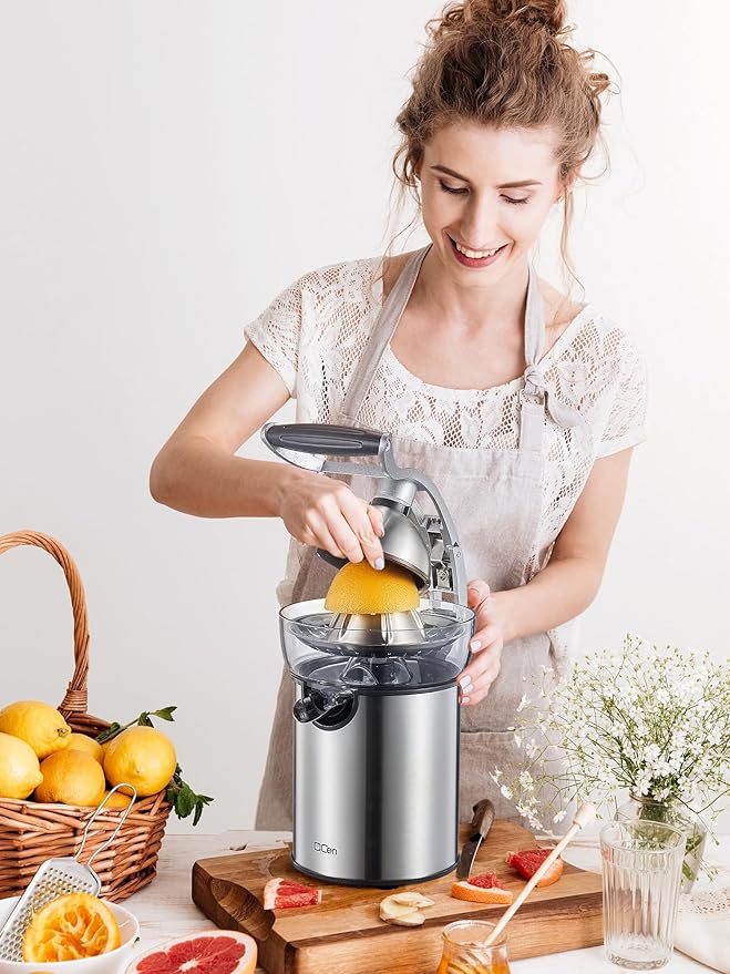 QCen Electric Citrus Juicer Squeezer, Electric Juicer for Orange, Lemon and Limes with Rubber Handle and Two Size Cones, Anti-Drip Spout, Easy to Clean and Use, BPA Free, Black/Stainless Steel