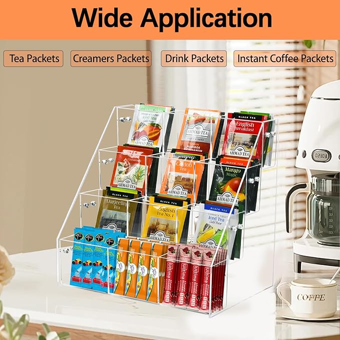 Tea Bag Organizer Holder, Acrylic Tea Packets Storage Box Container Display Stand Rack for Counter Cabinet Countertop Kitchen Office, 4 Tier