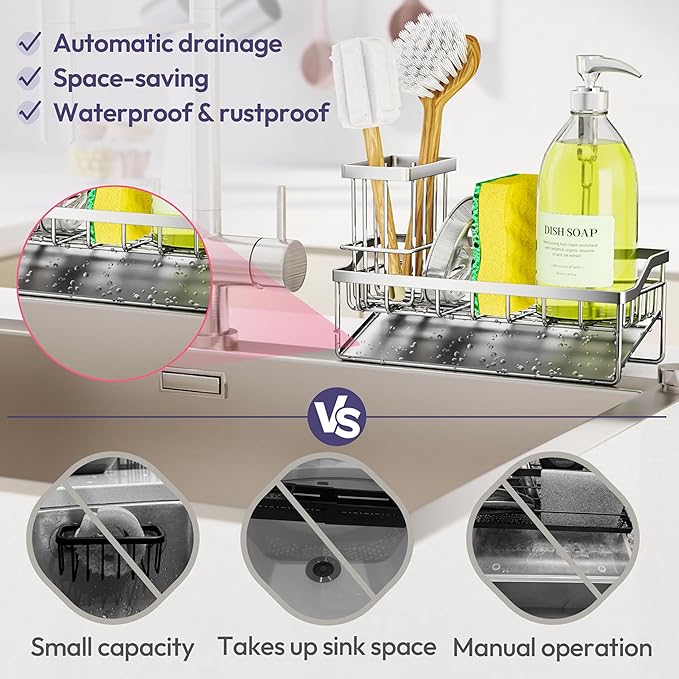 SWTYMIKI Sink Caddy Sponge Holder - Kitchen Sink Organizer with Stainless Steel Self Drain Tray & High Brush Holder for Countertop to Hold Dish Soaps and Sponges, Stainless Steel, Silver