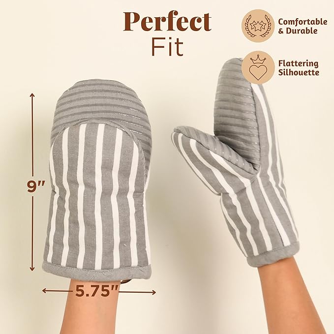 Folkulture Oven Mitts - Set of 2 (5.75"x9") | Gray Striped Oven Mitts with Hanging Loop for Cooking Gifts for Women, Kitchen Decor| 100% Cotton, Silicone Heat Resistant Mini Mitts, House Warming Gifts