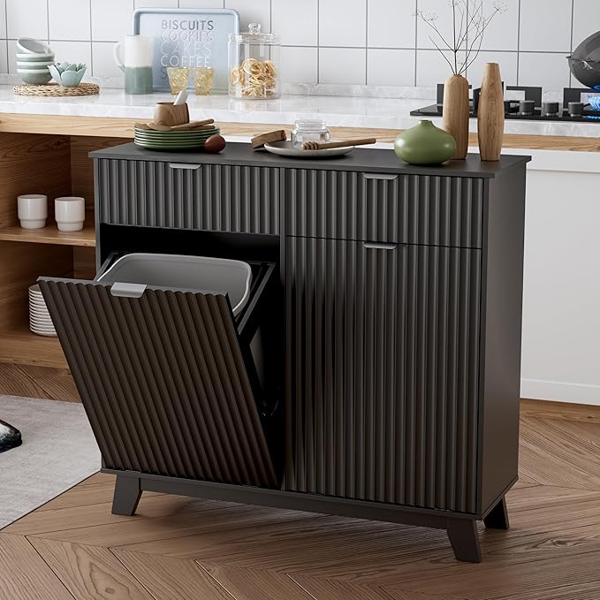 Double Tilt Out Laundry Hamper Cabinet, 20 Gallon Wooden Trash Can Cabinet with Drawers, Hidden Fluted Bathroom Storage Cabinet for Kitchen, Living Room (Black, 39.34" W x 35.83" H x 13" D)