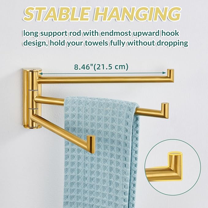 APLusee Swivel Towel Rack for Bathroom Door Wall Mounted, Swivel Towel Bar with 3 Rotating Arms 304 Stainless Steel, Flexible Kitchen Wall Hanging, Brushed Gold