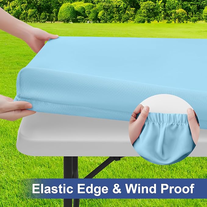 homing Rectangle Table Cloth Cover, Waterproof Polyester Elastic Fitted Tablecloth, Fits for 8 Foot Folding Tables, Washable Table Protector for Picnic, Camping, Outdoor (Light Blue, 30" x 96")
