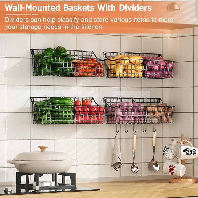 4 Pack EXTRA LARGE Hanging Wall Mount Storage Baskets With Divider, Metal Wire Basket With 4 Strong Adhesive Hooks +5 S Hooks,Organizing Wall Shelf for Home Kitchen Bathroom Pantry Garage RV, Black