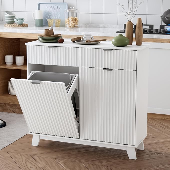 Double Tilt Out Laundry Hamper Cabinet, 20 Gallon Wooden Trash Can Cabinet with Drawers, Hidden Fluted Bathroom Storage Cabinet for Kitchen, Living Room (White, 39.34" W x 35.83" H x 13" D)