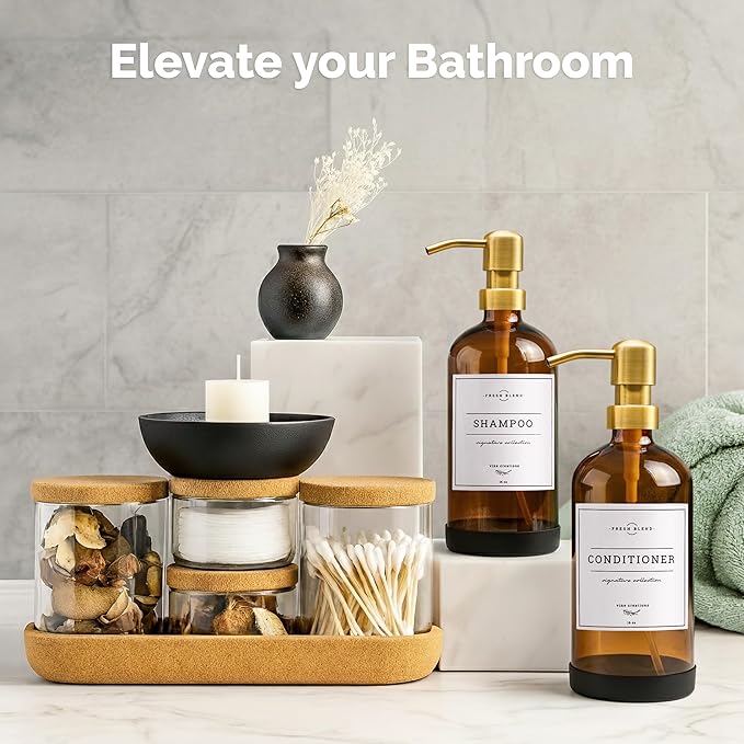 Vine Creations Amber Glass Soap Dispenser, 2 Pack Kitchen Soap Dispenser Set with Stainless Steel Pump, 16 oz Dish Soap and Hand Soap Dispensers for Bathroom with Waterproof Labels