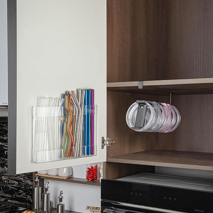 Kitchen Cabinet Straw Holder: Acrylic Organizer and Hanging Lid Rack with Adhesive for Door – Cup Tumbler Accessories Storage Set