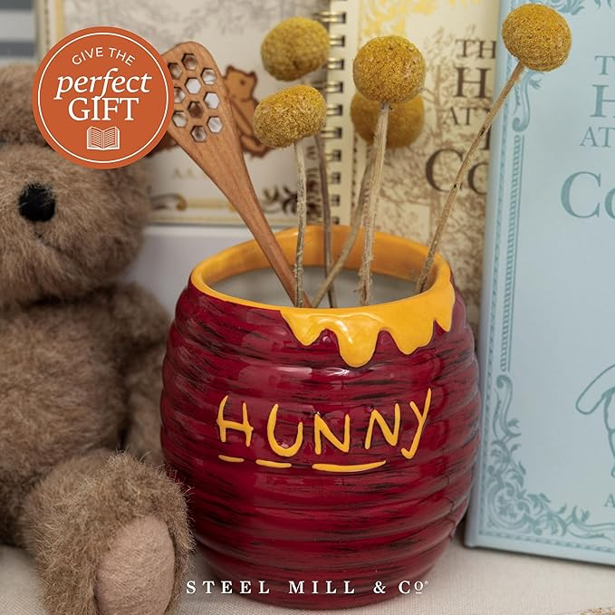Steel Mill & Co Ceramic Honey Pot Vase, 4.5" x 4.5", Beehive Flower Vase & Desk Organizer, Ridged Pot with Honey Drip Detail, Rustic Cottagecore Home Decor