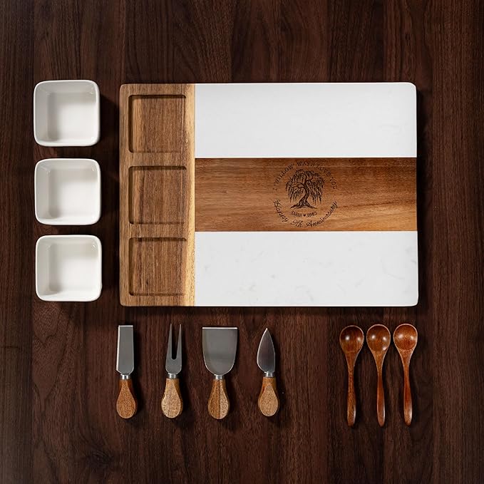 Personalized 9th Anniversary Marble Charcuterie Board, 9th Anniversary Cheese Board - Charcuterie Boards Gift Set for Wife, Willow Gifts for Wedding