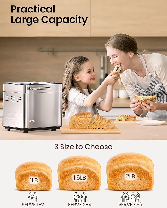 KOVIET 25-in-1 Bread Maker Machine with Automatic Dual Dispenser, 2LB Stainless Steel Breadmaker with Gluten-Free, Dough, Jam, Yogurt etc Settings, Silver