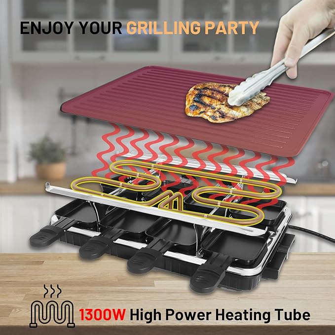 VNIMTI Raclette Table Grill, Electric Indoor Korean Barbecue Grill, Portable BBQ Tabletop Griddle, 2 in 1 Reversible Non-stick Plate, 1300W Fast Heating Crepe Maker with 8 Square Raclette Cheese Pans
