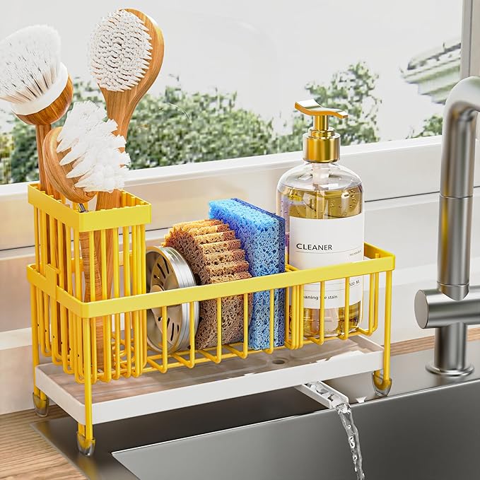 Cisily Sponge Holder for Kitchen Sink, Sink Caddy Organizer with High Brush Holder, Kitchen Countertop Organizers, 304 Stainless Steel, Lemon Yellow Kitchen Decor and Accessories
