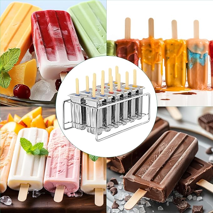 12 Pack Stainless Steel Popsicle Molds, Homemade Ice Lolly Molds with Holder, Reusable Flat Head Fast Freezing Ice Treat Maker with Wooden Sticks and Bags