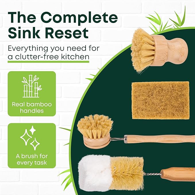 Tieralia Bamboo Dish Brush Set 5 Piece – Eco Friendly Kitchen Cleaning Kit with Bottle Brush, Long Dish Brush, Palm Scrubber & 2 Plant-Based Sponges | Plastic-Free Natural Dish Scrubber