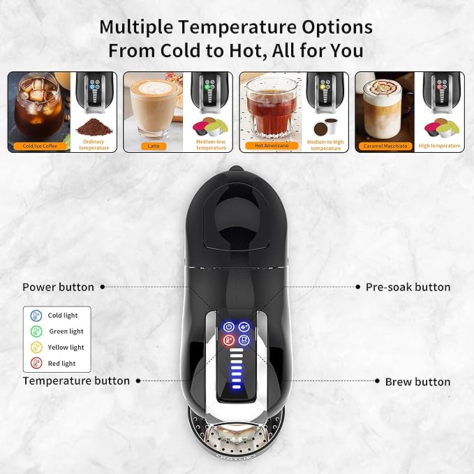 KOTLIE Single Cup Coffee Maker, Multi Capsule Machine Compatible With Various Capsule Types, 4 Temperature Settings, 7 Water Volume Levels,19 Bar(Glossy Black)