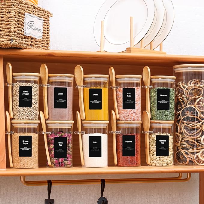 ComSaf 12 Pcs Glass Spice Jars and Spoons, 8oz Glass Containers with Bamboo Lids, Storage Containers with Airtight Lids with Black Labels for Seasonings, Salt, Loose Leaf Tea Storage
