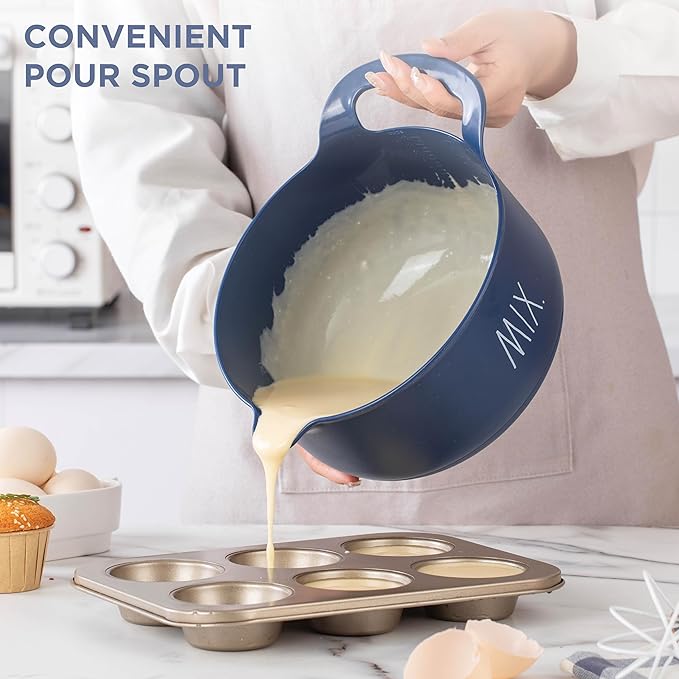 Rae Dunn Non-Slip Mixing Bowls - 4 Piece Nesting Plastic Mixing Bowl Set with Pour Spouts and Handles-Measurement Markings (Cream)
