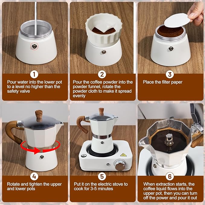 4-in-1 Moka Pot Espresso Set with Electric Stove 3 Cup Aluminum Stovetop Coffee Maker Percolator Italian Classic Mocha Coffee Machine with Powder Dispenser Filter Paper Portable Camping White