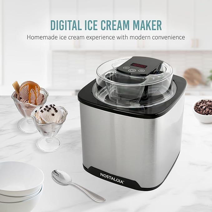 Nostalgia 2-Quart Electric Ice Cream Maker – Make Homemade Ice Cream, Gelato, Sorbet & Frozen Yogurt – No Salt/Ice Needed, Digital Controls, Mix-In Chute & Freezing Gel Canister – Stainless Steel
