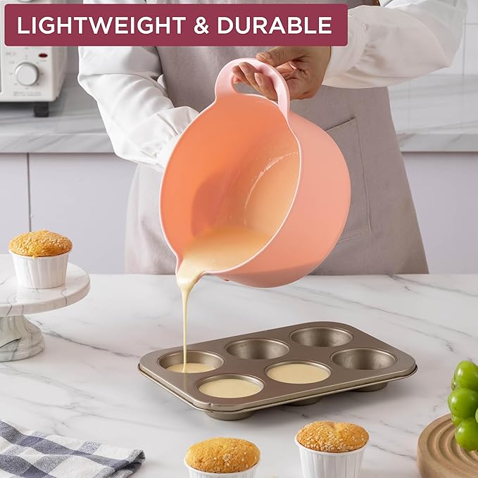 COOK WITH COLOR Nesting Plastic Mixing Bowl Set with Pour Spouts and Handles, Rose, 6 Piece Non-Slip