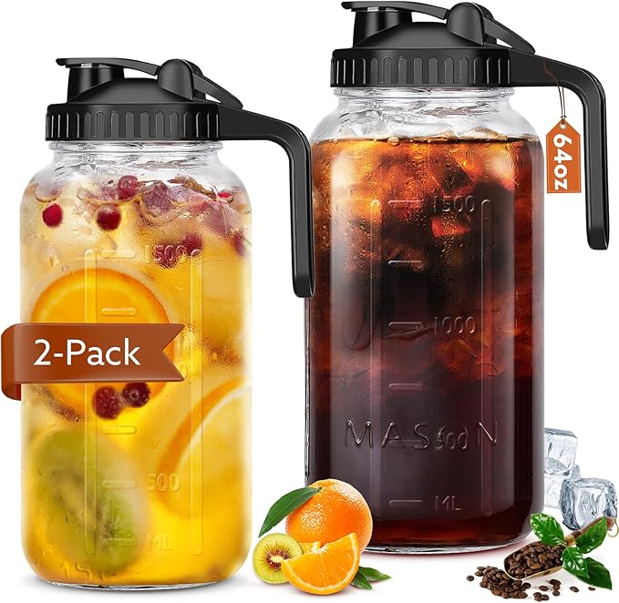 Mihlapi Glass Pitcher with Lid, 64 OZ Mason Jar Pitcher Double Leak Proof, 2 Quart Breast Milk Storage Containers for Fridge, Wide Mouth Glass Jar for Sun Tea, Juice, Cold Brew Coffee