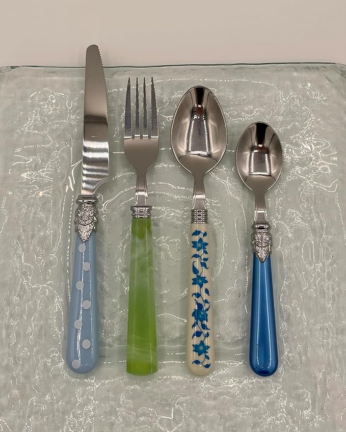 The Original Brink House Eclectic Blue Green Mix & Match Stainless Steel Cutlery Set / 16 pieces with Metal Stand/Lifestyle utensils set for home, first apartment, dorm, dinner parties