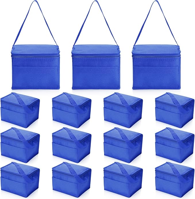 Nuogo 15 Pack Insulated Lunch Bags Bulk, Reusable Cooler Boxes, Leakproof Lunch Boxes Set, Waterproof Thermal Coolers, Insulated Beverage Bag for Women Men Work Picnic Beach(Blue)