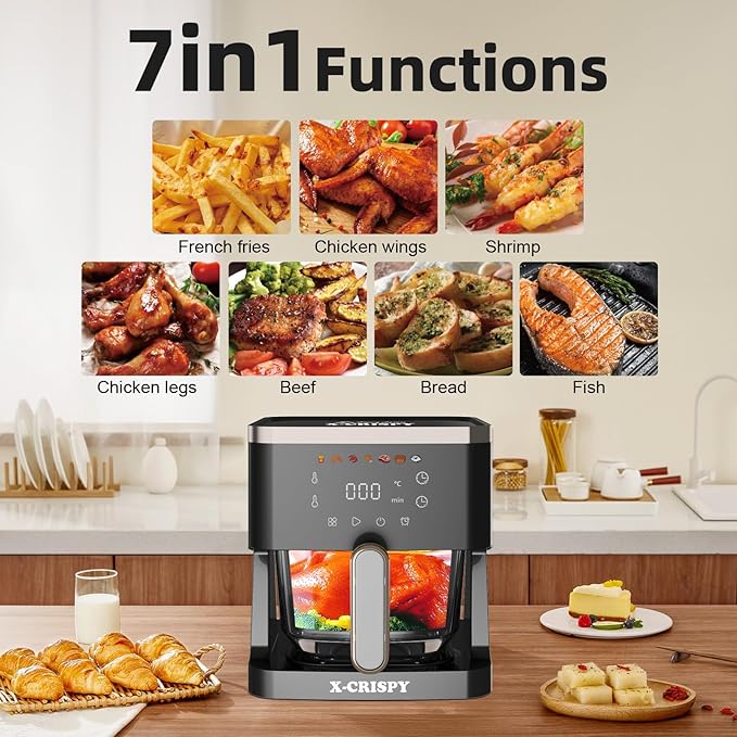 APSARAS USA Air Fryer Glass, 5.2QT Convection Oven Glass Air Fryer Non Toxic, Transparent Fry Bowl | Cook Shrimp, Steak, Fries, Wings, Chicken & More | Precise Temperature Control & Time
