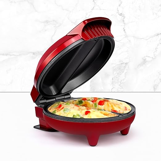 Holstein Housewares Stainless Steel 2 Section Omelet & Frittata Maker, Non Stick Coating, Easy To Clean, Indicator Lights, Compact Storage, Versatile Recipes in Minutes. 2 Portions, Metallic Red