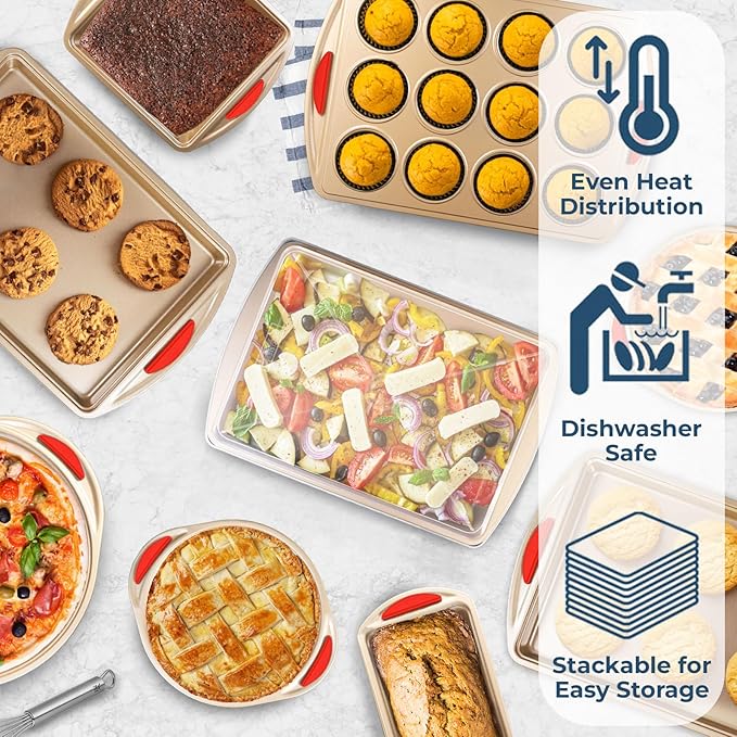 Perlli 10 Piece Baking Set - Nonstick Gold Steel Oven Bakeware With Silicone Handles, Cookie Sheets, Round Cake Pans, 9x13 Pan With Lid, Loaf Pan, Deep Pan, Pizza Crisper, Muffin Pan