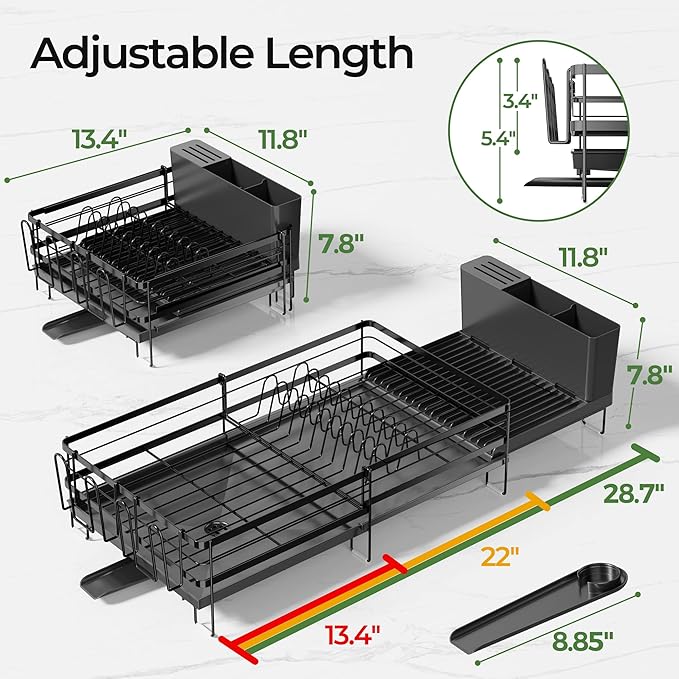 Large Dish Drying Rack, Expandable Dish Rack, Stainless Steel Dish Racks for Kitchen Counter, Multifunctional Dish Drainer with Utensil & Cup Holder, 13.4"-28.7" L x 11.8" W, Black